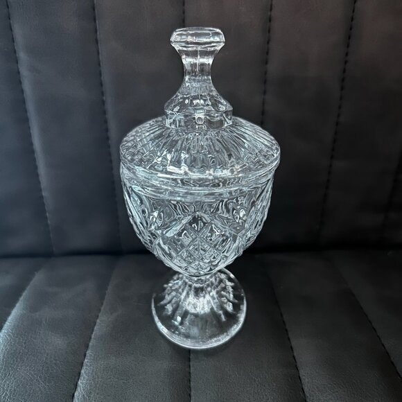 Vintage Shannon Crystal Footed Oval Cut Glass Candy Sugar Dish With Lid - Picture 5 of 11